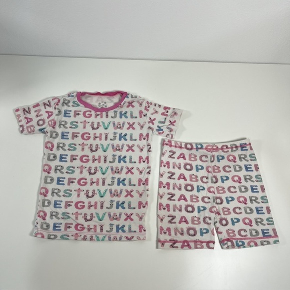 KicKee Graphic Short Sleeve Pajama Set, Ultra Soft and Snug Natural ABC Monsters